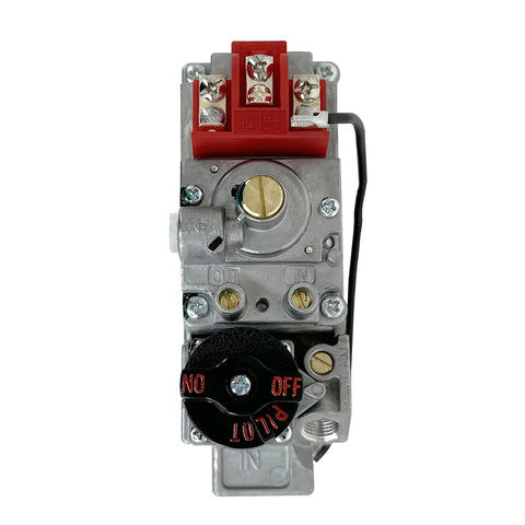 Front view of Durablow DV970A-LP millivolt gas valve with red terminal block, black pilot knob, 3/8 in inlet/outlet.