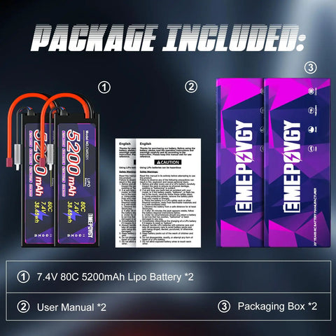 7.4V 2S 5200mAh 80C LiPo RC Battery With Hard Case And T Connector For 1 8th Scale And 1 10th Scale RC Cars And Trucks Dual Pack shown with manual and packaging