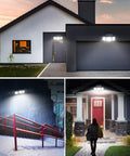 Outdoor Solar Motion Sensor Flood Light with 3 Adjustable Heads lighting up garage, driveway, stairs, and entryway at night
