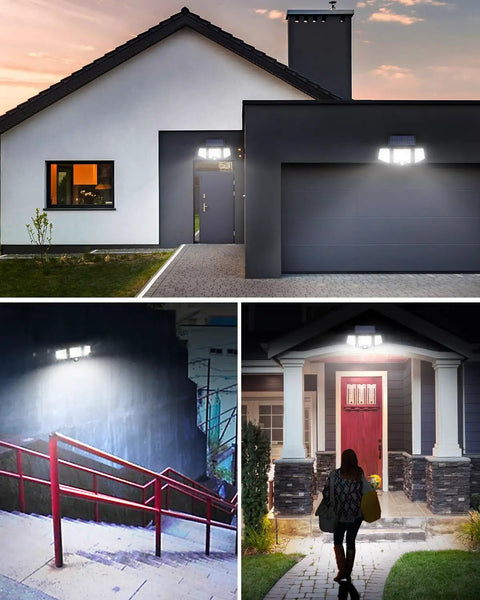 Outdoor Solar Motion Sensor Flood Light with 3 Adjustable Heads lighting up garage, driveway, stairs, and entryway at night