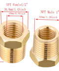 Front view of two brass reducer hex bushings, NPT male 1in x 3/4in female, hex body
