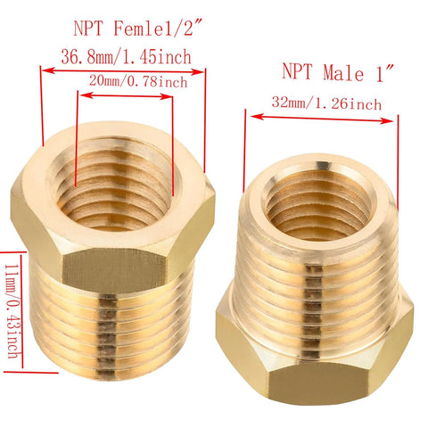 Front view of two brass reducer hex bushings, NPT male 1in x 3/4in female, hex body