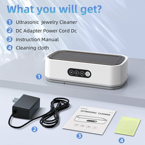 High Powered Ultrasonic Jewelry Cleaner 40W 49000 Hz 360 Degree Deep Cleaning 22oz with accessories and manual on display