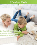 Mother, child, and dog playing on floor with 9 Pack Beefed Up Vacuum Bags for Roomba I Series S Series And J Series Replacement visible.