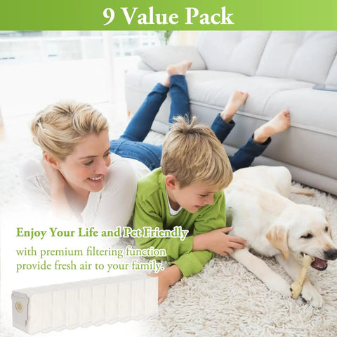 Mother, child, and dog playing on floor with 9 Pack Beefed Up Vacuum Bags for Roomba I Series S Series And J Series Replacement visible.