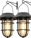Solar Outdoor Lights Hanging Lanterns Two Pack Waterproof Easy Install With Wall Mount Kit, clear glass and durable metal