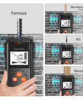 Rock Solid Black Metal Detector And Stud Finder With Hd Backlit Lcd Screen showing readings for Ferrous, Non-Ferrous, AC, and Wood.