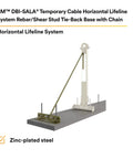 Heavy Duty Horizontal Lifeline System For Steel Beams Featuring Galvanized Tie Back Base And Zinc Chain Fitted For Rebar Stanchions on a concrete platform.
