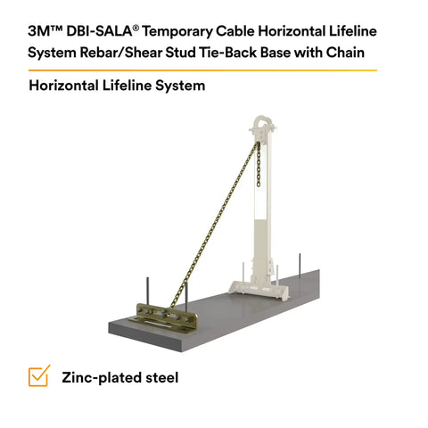Heavy Duty Horizontal Lifeline System For Steel Beams Featuring Galvanized Tie Back Base And Zinc Chain Fitted For Rebar Stanchions on a concrete platform.
