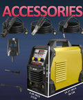250A 3-In-1 Multiprocess Welder with accessories including welding cables, helmet, and clamps visible alongside the unit.