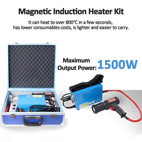 Handheld Electromagnetic Induction Heater 1500W Flameless Bolt Removal Tool in blue case with power details visible.