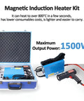 Heavy Duty 1500W Magnetic Induction Heater For Rust Eaten Bolts Stuck Screws And Seized Bearings Plus Fast 800 Degree Bolt Nut Seizer Remover With Rugged Gear Case in kit with blue case and accessories.