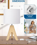 Boho Table Lamp Set Of 2 With Wooden Tripod Bases, Grey Linen Fabric Shade shown with dimensions and on/off switch