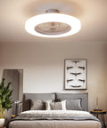 Slim Modern Ceiling Fan With Light For Indoor Kitchens Bathrooms And Bedrooms Remote LED Three Color Change Low Profile Flush Mount Quiet Fandelier With Eleven ABS Blades White installed in a bedroom.