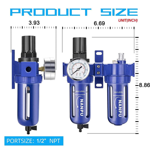 One Half Inch NPT Air Filter Regulator Lubricator Combo FRL with Zinc Alloy Body, 5 Micron Brass Element, product size dimensions.