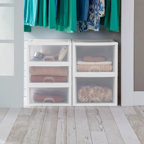 Eight Pack 27 Quart Stacking Drawers For Closet Storage With Clear Front And Sides And White Frame Modular Plastic Organizer