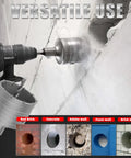 Built To Last Heavy Duty Concrete Hole Saw Kit drilling holes in various materials like concrete and brick with tool shown in use.