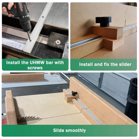 Table Saw Sled Kit For Clean Crosscuts And Repeat Length Cuts With 2 Aluminum T Tracks, 2 UHMW Miter Bars, Knobs And Screws.