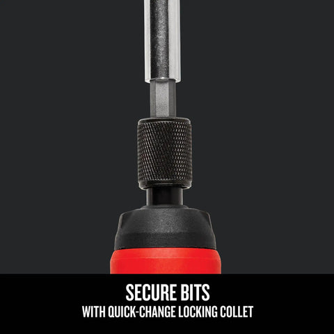 Close-up of 4V Electric Screwdriver Set With 300 RPM Drive, featuring quick-change locking collet for secure bit attachment.