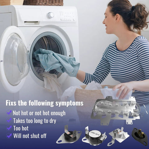 Upgraded DC47-00019A Dryer Heating Element Replacement for a Ton of Front Load Dryers with accessories, woman using dryer