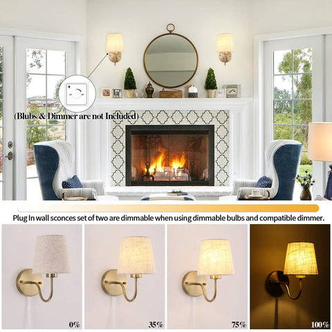 Living room with Set of Two Plug in Wall Sconces with On Off Switch Modern Gold Fabric Shade Wall Lamps on fireplace wall