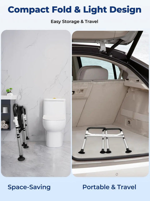 Rock Solid Adjustable Toilet Safety Rails, Foldable Assist Frame That Packs A Punch for Seniors and Bariatric Users in compact fold design.