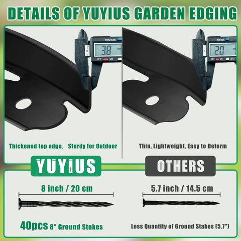 Comparison of sturdy landscape edging border kit thickness, 8-inch stakes, and measurements for garden beds and yards.