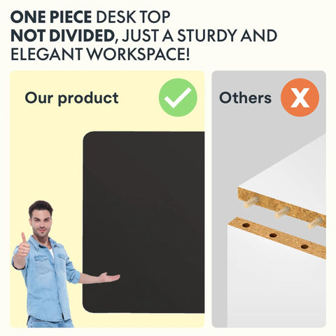 FLEXISPOT Electric Standing Desk With 40x24 Seamless One-Piece Black Desktop shown with sturdy surface compared to others.
