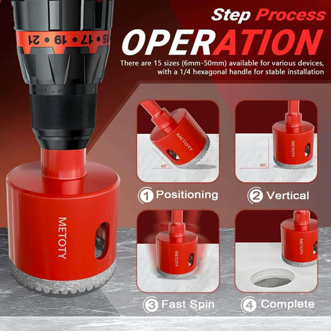 Amazon Diamond hole saw drill bit set (15 pcs), 1/4–2 in, dry/wet dual-use, red base with storage bag