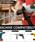 Close-up of 8 Piece 3/8 Inch Pocket Hole Drill Bit Set With Depth Stop Collar on various drills, showcasing machine compatibility.