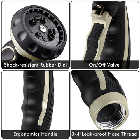 Close-up of Heavy Duty Metal Hose Nozzle With Easy Self Lock Trigger showing spray head, on/off valve, ergonomic handle, and hose thread.