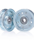 Front view of two silver finish mower idler pulleys with bearings for 4–6 ft RFM series mowers, 2-pack.