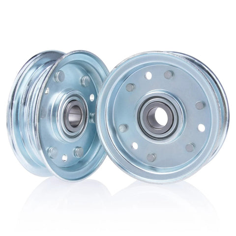 Front view of two silver finish mower idler pulleys with bearings for 4–6 ft RFM series mowers, 2-pack.