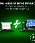 Two laptops connected via cable showcasing Thunderbolt Share capabilities, emphasizing multi-tasking and file sharing.