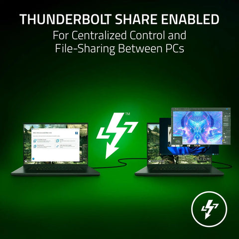 Two laptops connected via cable showcasing Thunderbolt Share capabilities, emphasizing multi-tasking and file sharing.