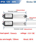 Diagram of 12V Electric Linear Actuator With 50mm Stroke 60N Load And Remote Lever Switch Mounting Bracket For Appliances Cabinets And Robotics Projects For DIY Waterproof IP54 Metal Housing Quiet Operation Under 50dB, showing dimensions and specifications.