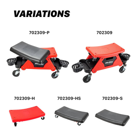 Variations of 2 In 1 Modular Detailing Creeper Seat With Cushion And Tool Tray, Rolling Creeper Converts To Low Profile Knee Pad, Heavy Duty Polyethylene And Steel Frame, 4 Inch Wheels.