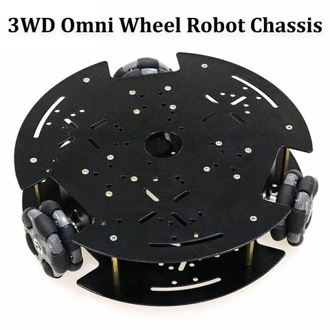 3WD robot car chassis kit with 58mm nylon omni wheels and DC encoder motors on a black two-layer metal platform