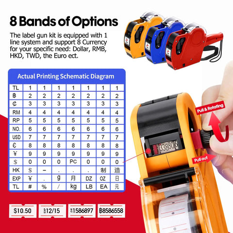 Price Tag Gun Kit With 8 Digit Display, 5150 White Labels, Yellow Rectangular Paper Tags 21x12 Mm, One Touch Open System