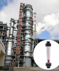 Industrial site with an inset of an Inline Liquid Flow Meter With 60 To 600 Liters Per Hour Flow Range For Half Inch DN15 Pipe Connection.