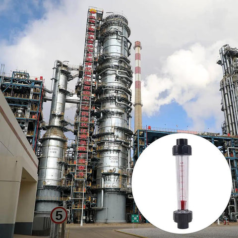 Industrial site with an inset of an Inline Liquid Flow Meter With 60 To 600 Liters Per Hour Flow Range For Half Inch DN15 Pipe Connection.