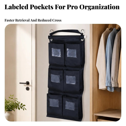 Slick Heavy Duty Six Pocket Hanging Closet Organizer With Reinforced Carry Handle And Breathable Storage Slots For Streamlined Wardrobe Sorting And Daily No Stress Organization In Matte Black hanging on door with labeled pockets.