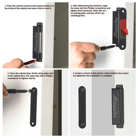 Installation steps of Heavy Duty Magnetic Door Catch 90lb Magnets Stainless Steel for cabinets and drawers.