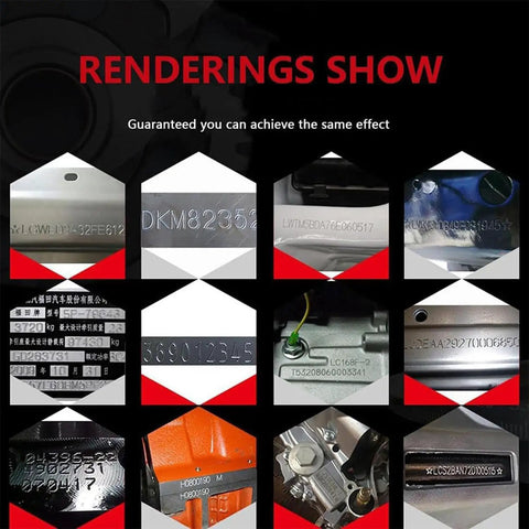 Renderings show results from the Portable Electric Dot Peen Engraving Machine For Heavy Duty Metal Marking With Quick Response And Rock Solid Guide Rail.