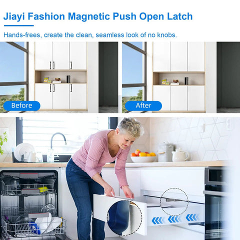 Slick Six Pack Push To Open Cabinet Latches With Integrated Magnetic Springs For Clean Line Kitchen Drawers installation before and after image.