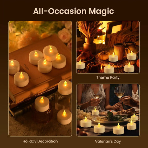 Flameless LED Tea Light Candles 24 Pack With Realistic Flicker Warm Yellow Glow Battery Operated Tealights For Party Wedding Valentines Day And Home Vibe used in various settings