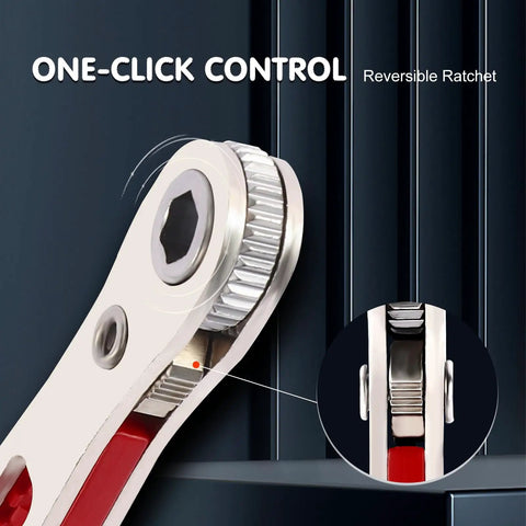 Close-up of 22-In-1 Magnetic Ratchet Screwdriver Set with reversible wrench demonstrating one-click control in tight space