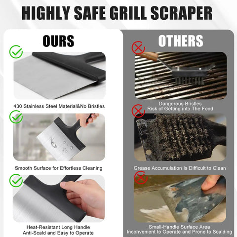 Comparison showing Heavy Duty Grill And Griddle Scraper With Wide Blade And Comfortable Handle For Blackstone Flat Top Grills on left.