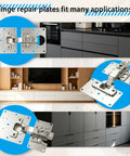 Stainless steel 8 Piece Cabinet Hinge Repair Plate Kit With Hinge Fixing Brackets and 48 Self Tapping Screws.
