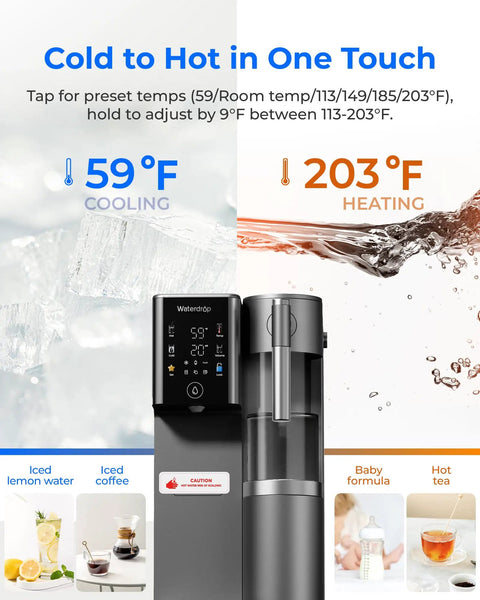 Mineral Rich A2G Countertop Reverse Osmosis System With Hot And Cold Water On Tap, showing temperature settings and drinks.